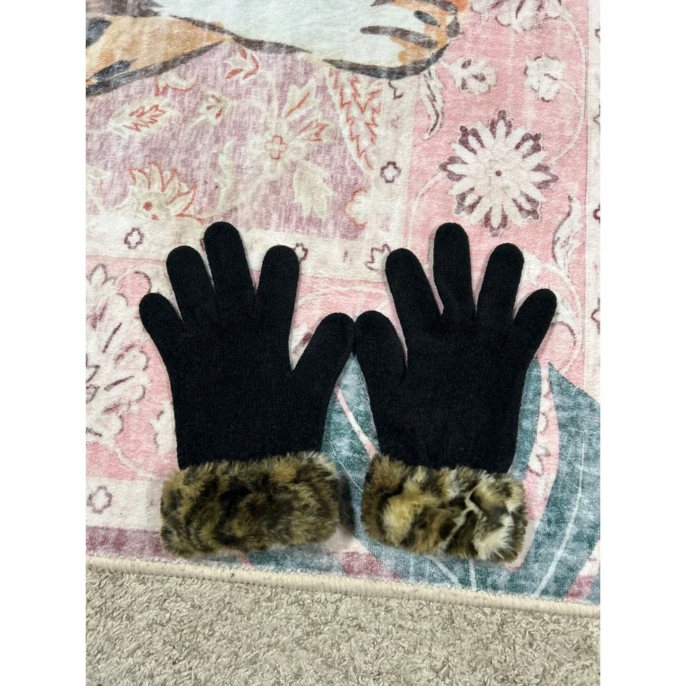 Vintage Womens Black Knit Gloves Leopard Faux Fur Trim Winter Warm‎ Fashion